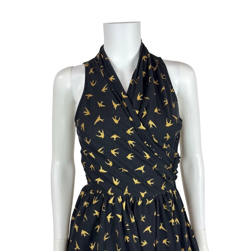 Dollz & Dames Halter Dress Small Gold Sparrow Bird Print Black Pin Up Sundress - Picture 5 of 15